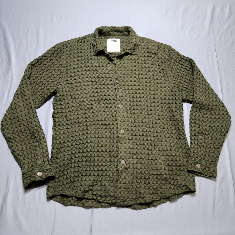 OAS Turtle Waffle Cuba Long Sleeve Shirt Mens XXL Olive Green Textured 7018-01